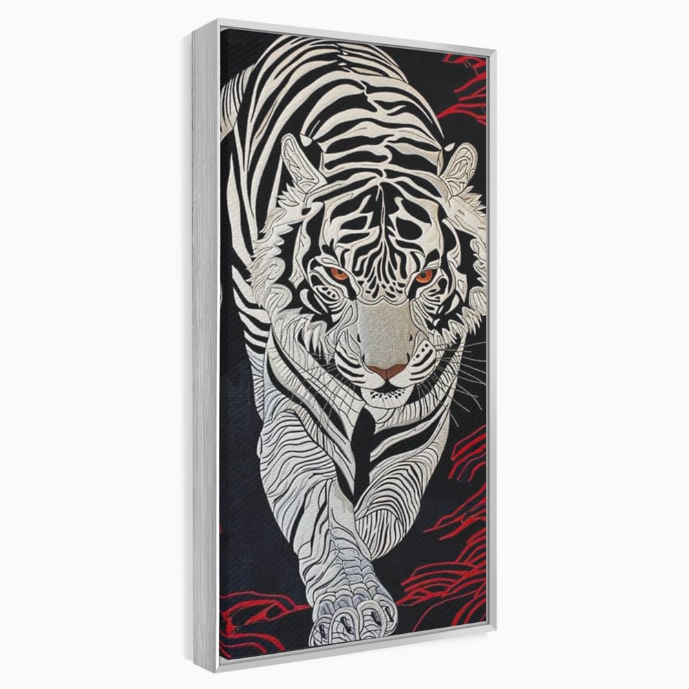 Tablou canvas cu tablou vertical cu tigru alb pe fundal negru, in rama de aluminiu argintiu